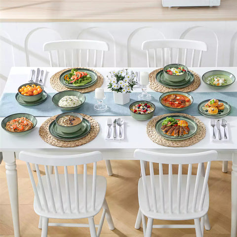 Sata green stoneware dinnerware set 16 piece service for 4 assorted dishes with food on lipped edge reactive glaze plates farmhouse style white table setting