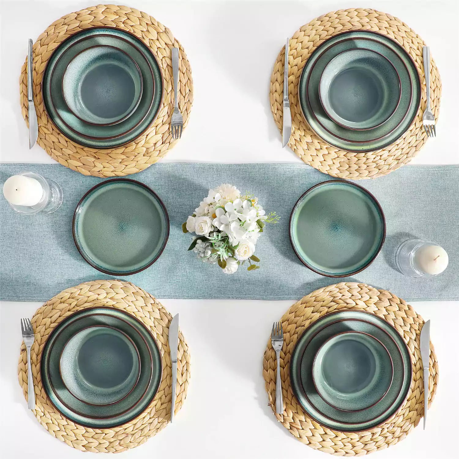 Sata green stoneware dinnerware set 16 piece service for 4 assorted dishes with food on lipped edge reactive glaze plates farmhouse style white table setting