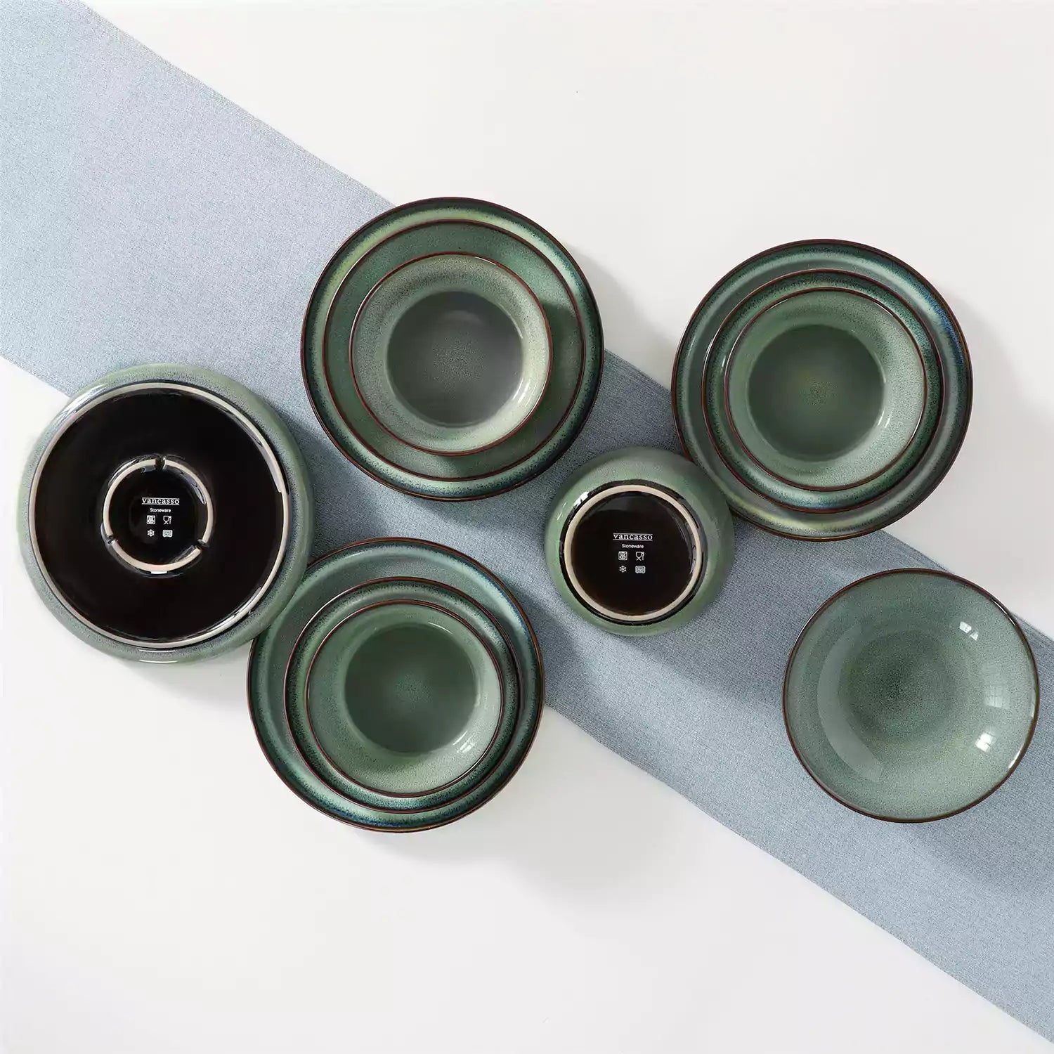 Sata green stoneware dinnerware set 16 piece service for 4 assorted dishes with food on lipped edge reactive glaze plates farmhouse style white table setting