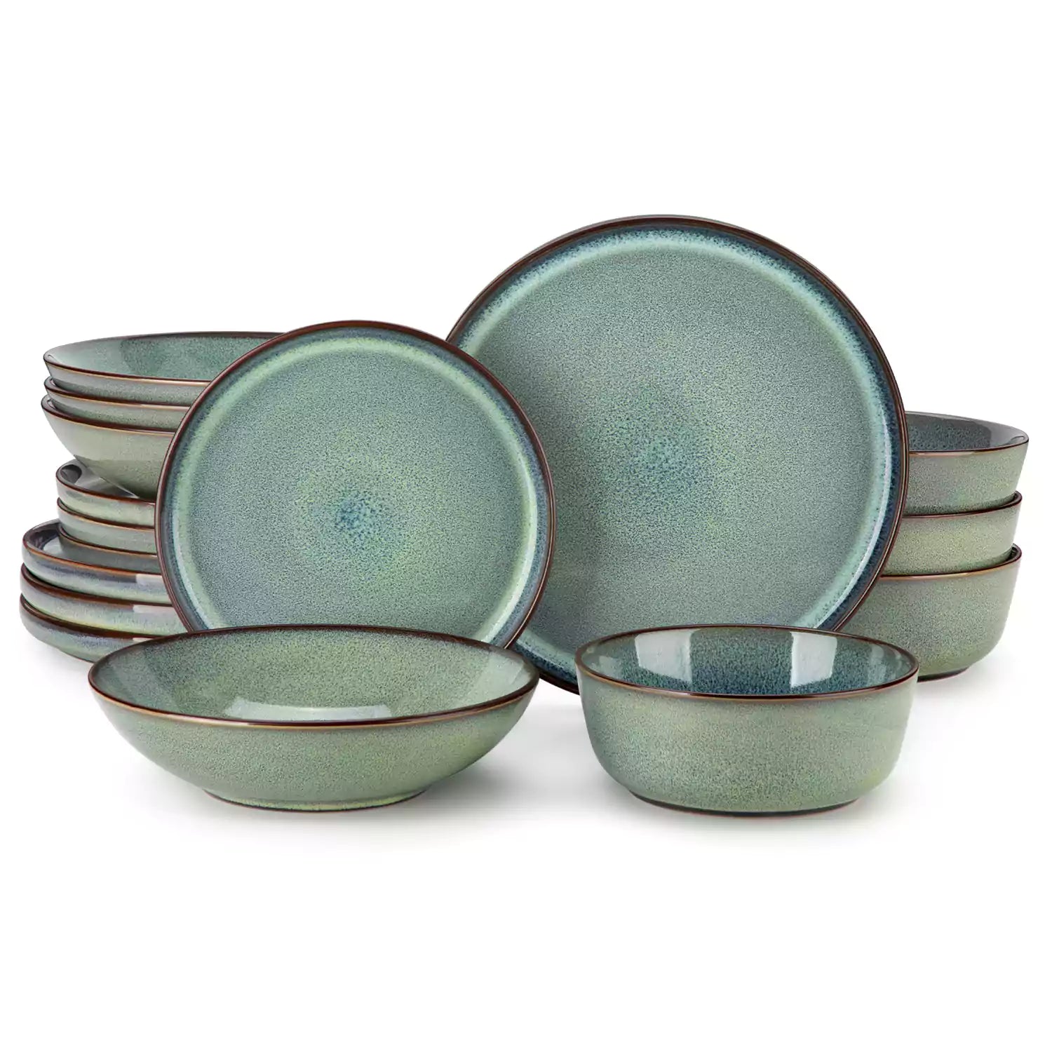Sata green stoneware dinnerware set 16 piece service for 4 assorted dishes with food on lipped edge reactive glaze plates farmhouse style white table setting