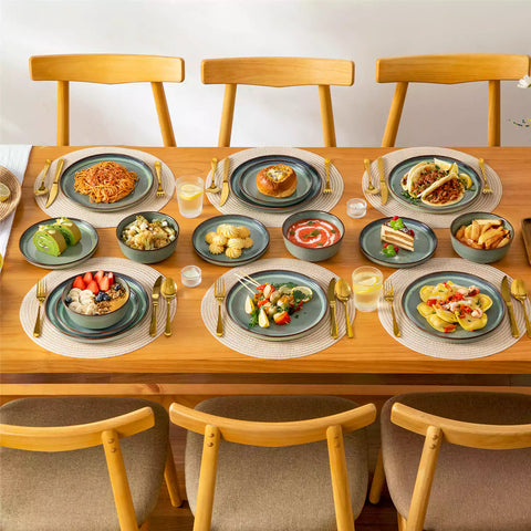 Sata green stoneware 18 piece dinnerware set with dinner plates salad plates and cereal bowls styled on a wooden table with diverse meal setup farmhouse reactive glaze lipped edge service for 6