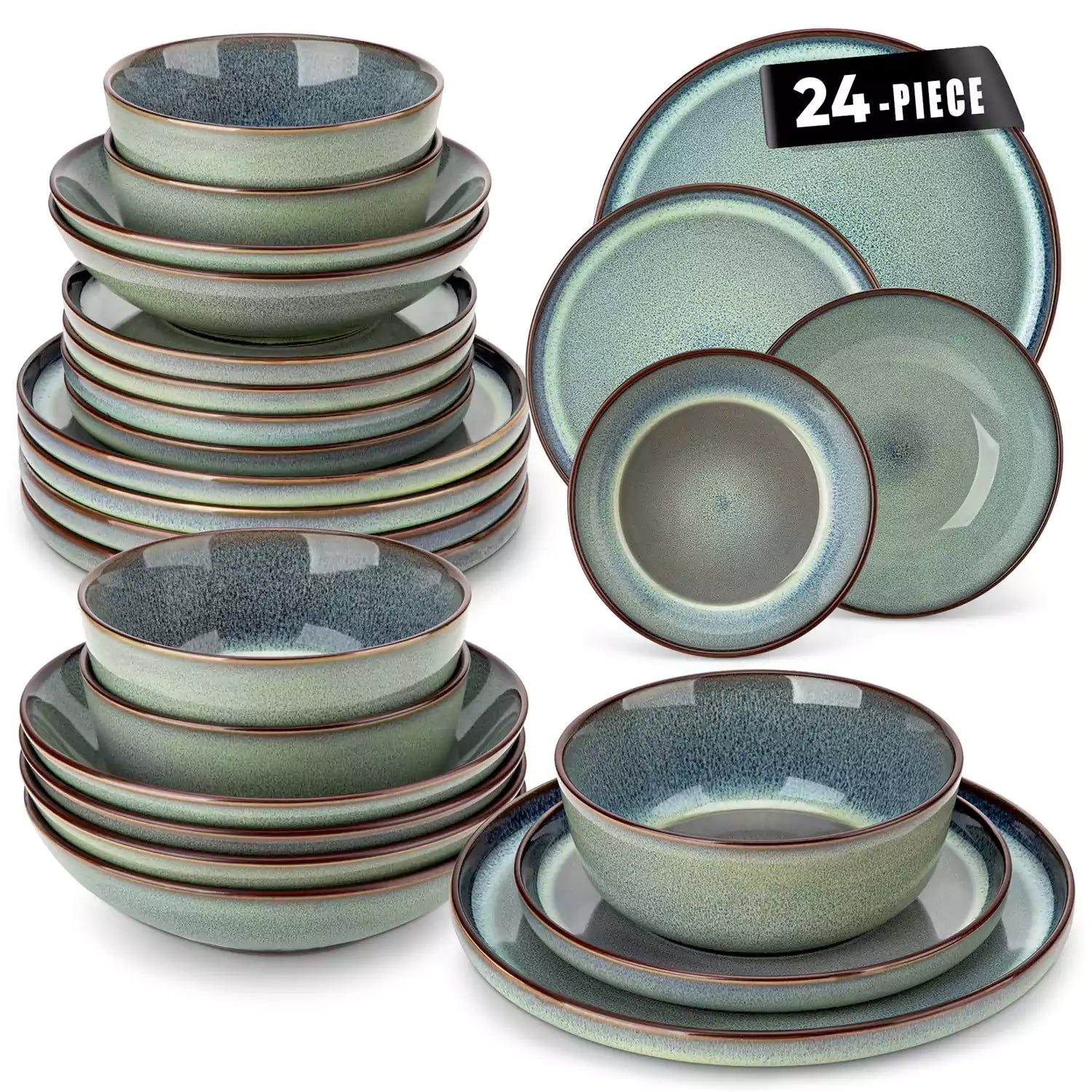 Sata green stoneware dinnerware set styled dining table with dinner plates salad plates pasta bowls cereal bowls silverware and floral centerpiece farmhouse reactive glaze service for 6