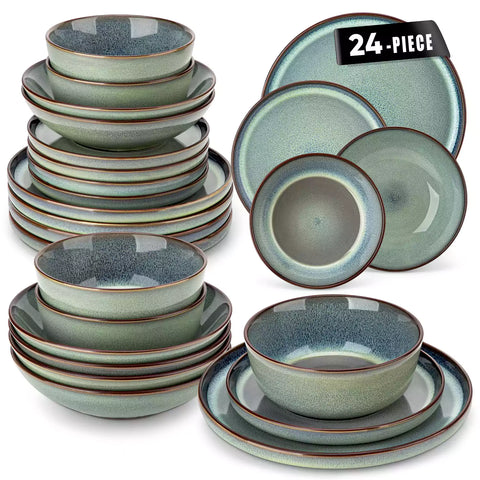 Sata green stoneware dinnerware set styled dining table with dinner plates salad plates pasta bowls cereal bowls silverware and floral centerpiece farmhouse reactive glaze service for 6
