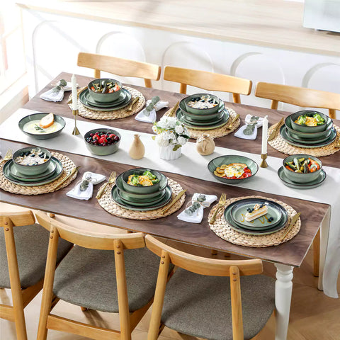 Sata green stoneware dinnerware set styled dining table with dinner plates salad plates pasta bowls cereal bowls silverware and floral centerpiece farmhouse reactive glaze service for 6