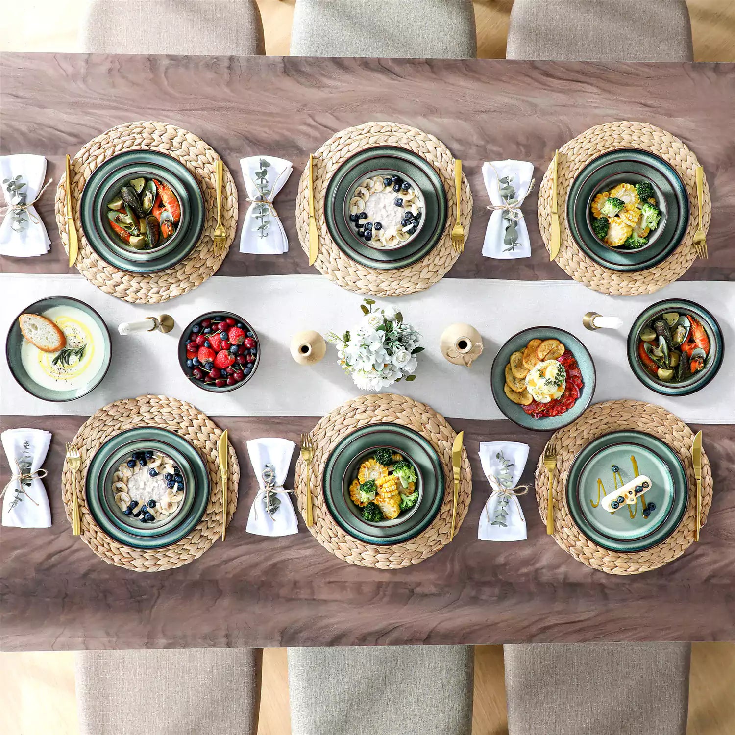 Sata green stoneware dinnerware set styled dining table with dinner plates salad plates pasta bowls cereal bowls silverware and floral centerpiece farmhouse reactive glaze service for 6