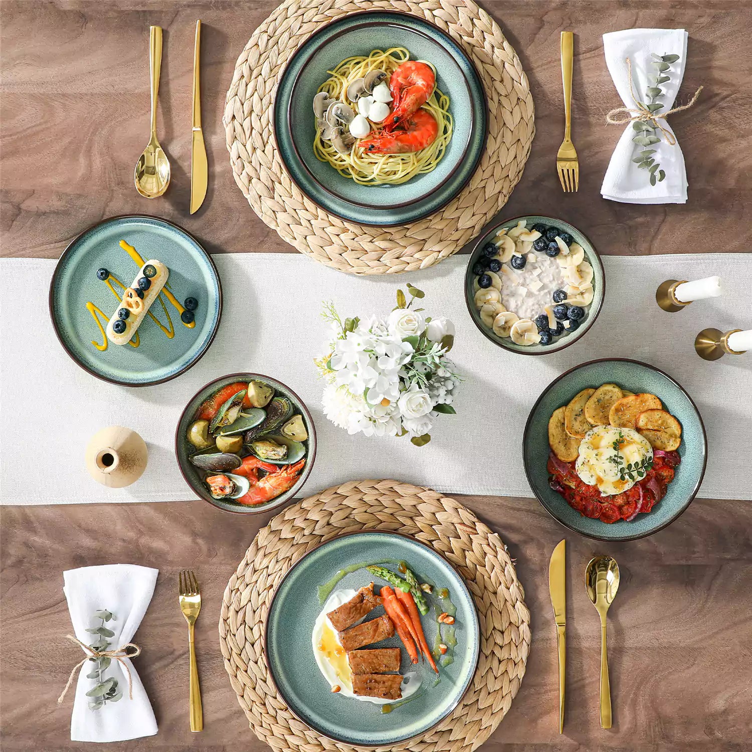 Sata green stoneware dinnerware set styled dining table with dinner plates salad plates pasta bowls cereal bowls silverware and floral centerpiece farmhouse reactive glaze service for 6