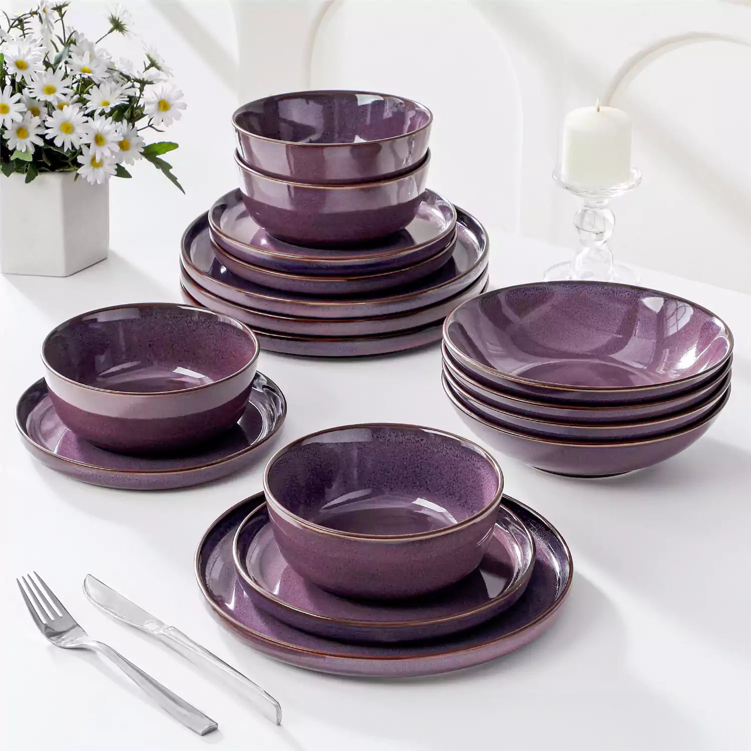 Sata purple stoneware dinnerware set 16 piece service for 4 assorted dishes with food on lipped edge reactive glaze plates farmhouse style white table setting