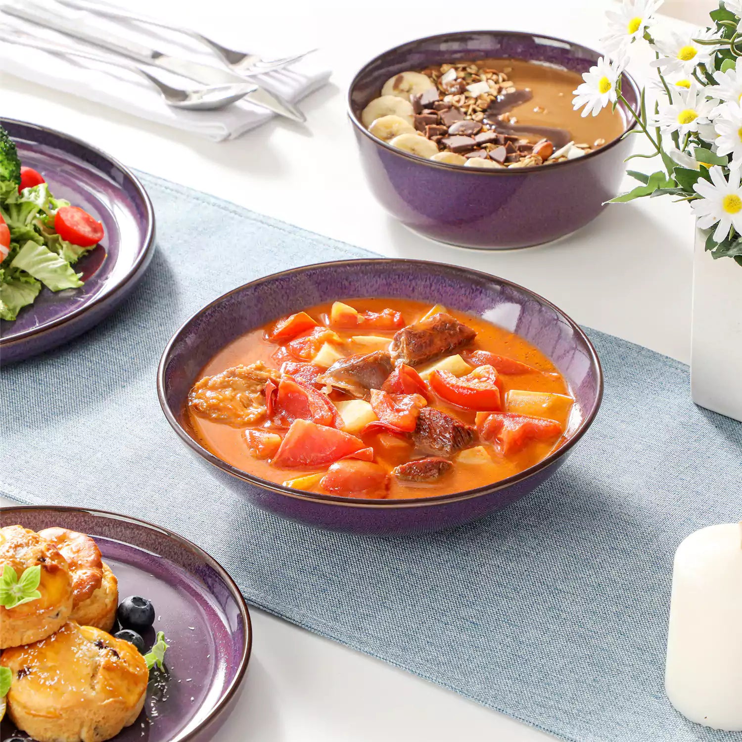 Sata purple stoneware dinnerware set 16 piece service for 4 assorted dishes with food on lipped edge reactive glaze plates farmhouse style white table setting