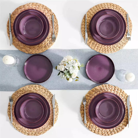 Sata purple stoneware dinnerware set 16 piece service for 4 assorted dishes with food on lipped edge reactive glaze plates farmhouse style white table setting