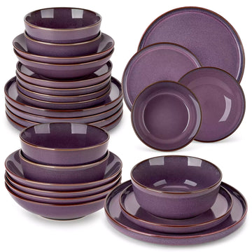 Sata purple stoneware dinnerware set styled dining table with dinner plates salad plates pasta bowls cereal bowls silverware and floral centerpiece farmhouse reactive glaze service for 6