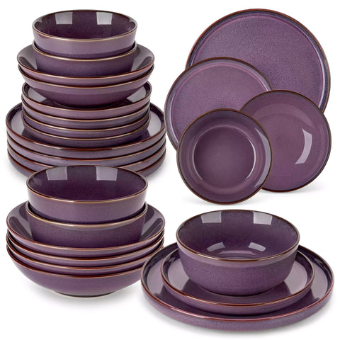 Sata purple stoneware dinnerware set styled dining table with dinner plates salad plates pasta bowls cereal bowls silverware and floral centerpiece farmhouse reactive glaze service for 6