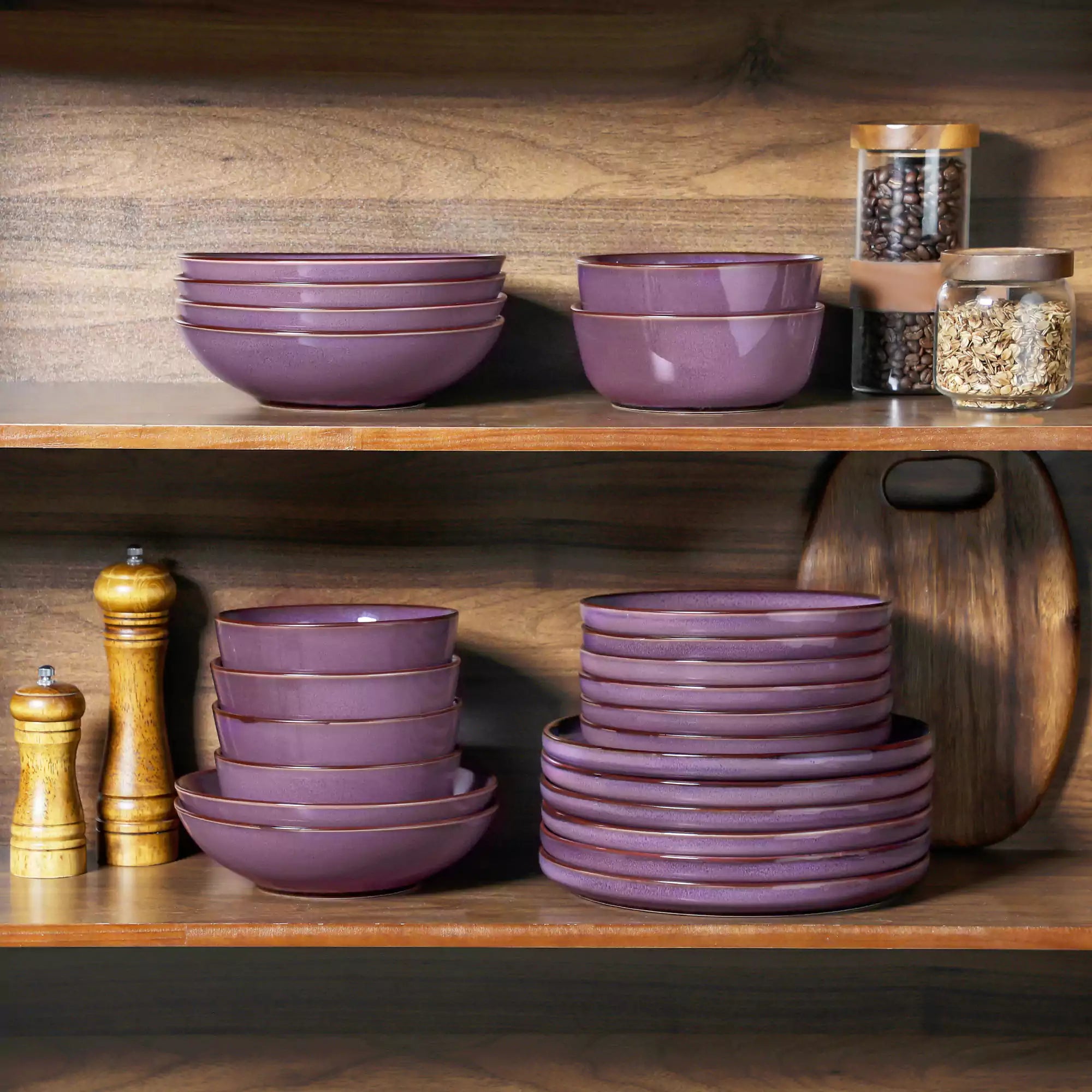 Sata purple stoneware dinnerware set styled dining table with dinner plates salad plates pasta bowls cereal bowls silverware and floral centerpiece farmhouse reactive glaze service for 6