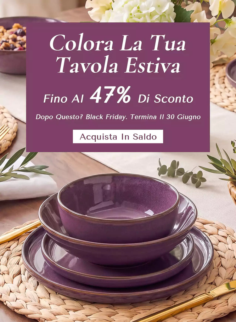 Apparecchiatura da tavola Sata in gres viola con finitura artigianale a smalto reattivo arricchita da ortensie bianche e foglie di eucalipto