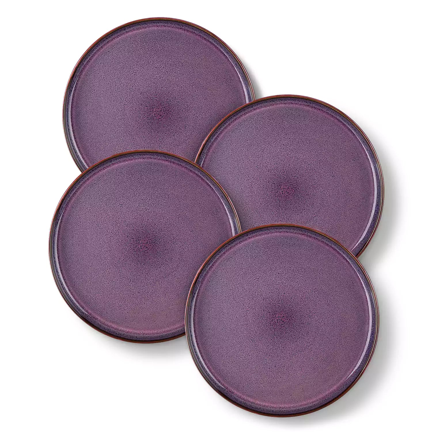 Sata purple stoneware dinner plate set of 4 styled with lamb chops and vegetables on a dinner table farmhouse lipped edge reactive glaze one of a kind finish