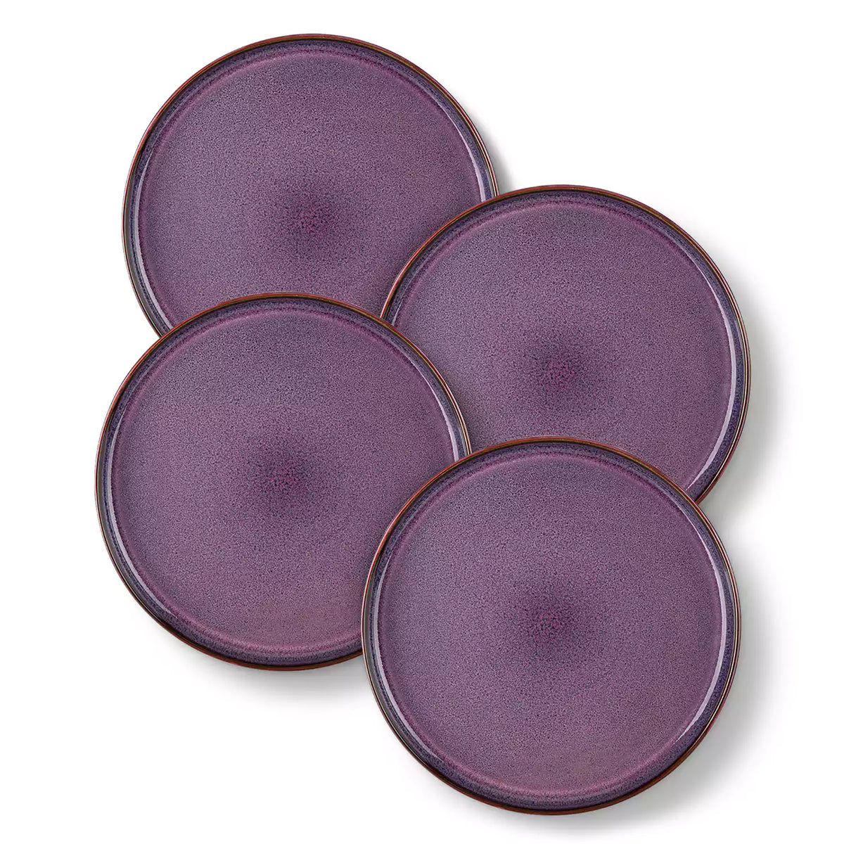 Sata purple stoneware dinner plate set of 4 styled with lamb chops and vegetables on a dinner table farmhouse lipped edge reactive glaze one of a kind finish