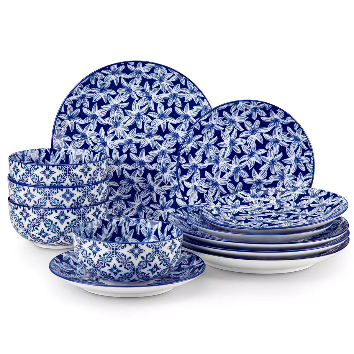 Selene 12-Piece Porcelain Dinnerware Set with blue and white Lily pattern and Japanese-inspired design - including matching plates and bowls-vancasso