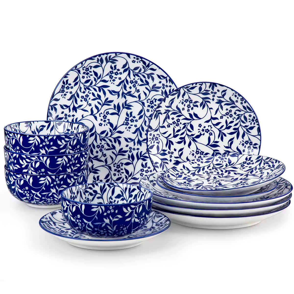 Selene 12-Piece Porcelain Dinnerware Set with blue and white Vine pattern and Japanese-inspired design - including matching plates and bowls-vancasso