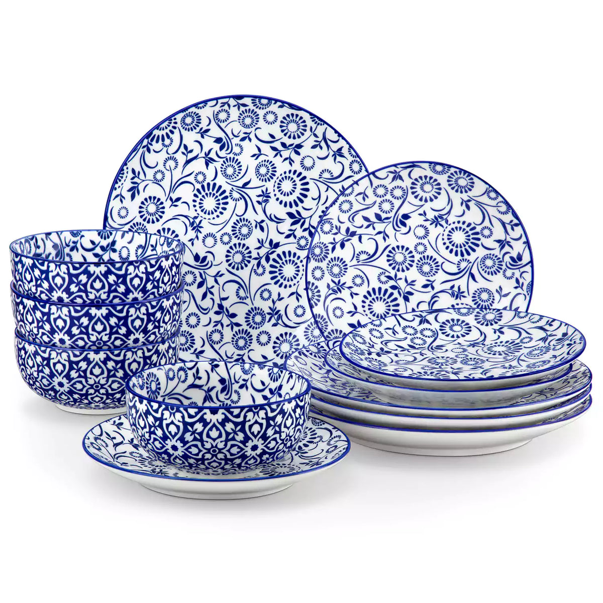 Selene 12-Piece Porcelain Dinnerware Set with blue and white Sol pattern and Japanese-inspired design - including matching plates and bowls-vancasso
