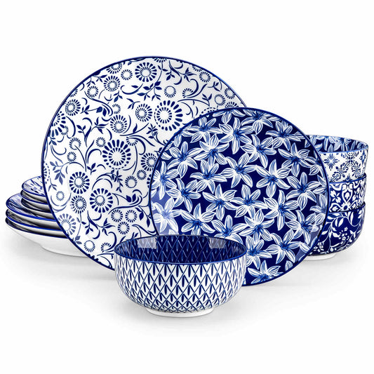 Selene 12-Piece Porcelain Dinnerware Set with blue and white glaze and Japanese-inspired design - including matching plates and bowls-vancasso 1500