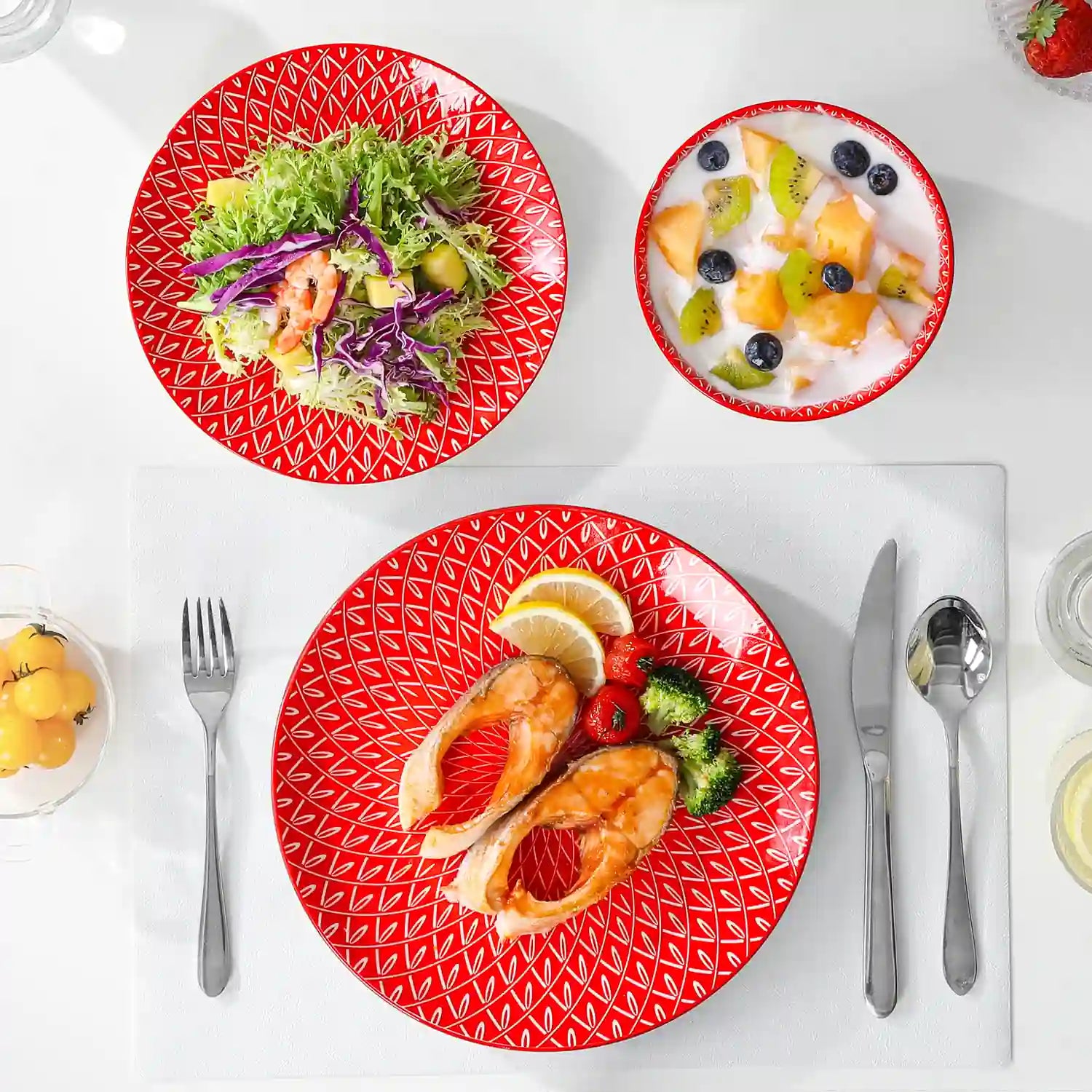 Selene porcelain vibrant dinnerware set colorful floral geometric plates bowls table setting with fork knife glass