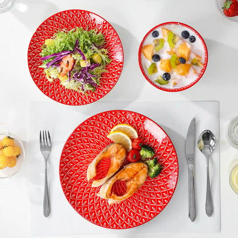 Selene porcelain vibrant dinnerware set colorful floral geometric plates bowls table setting with fork knife glass