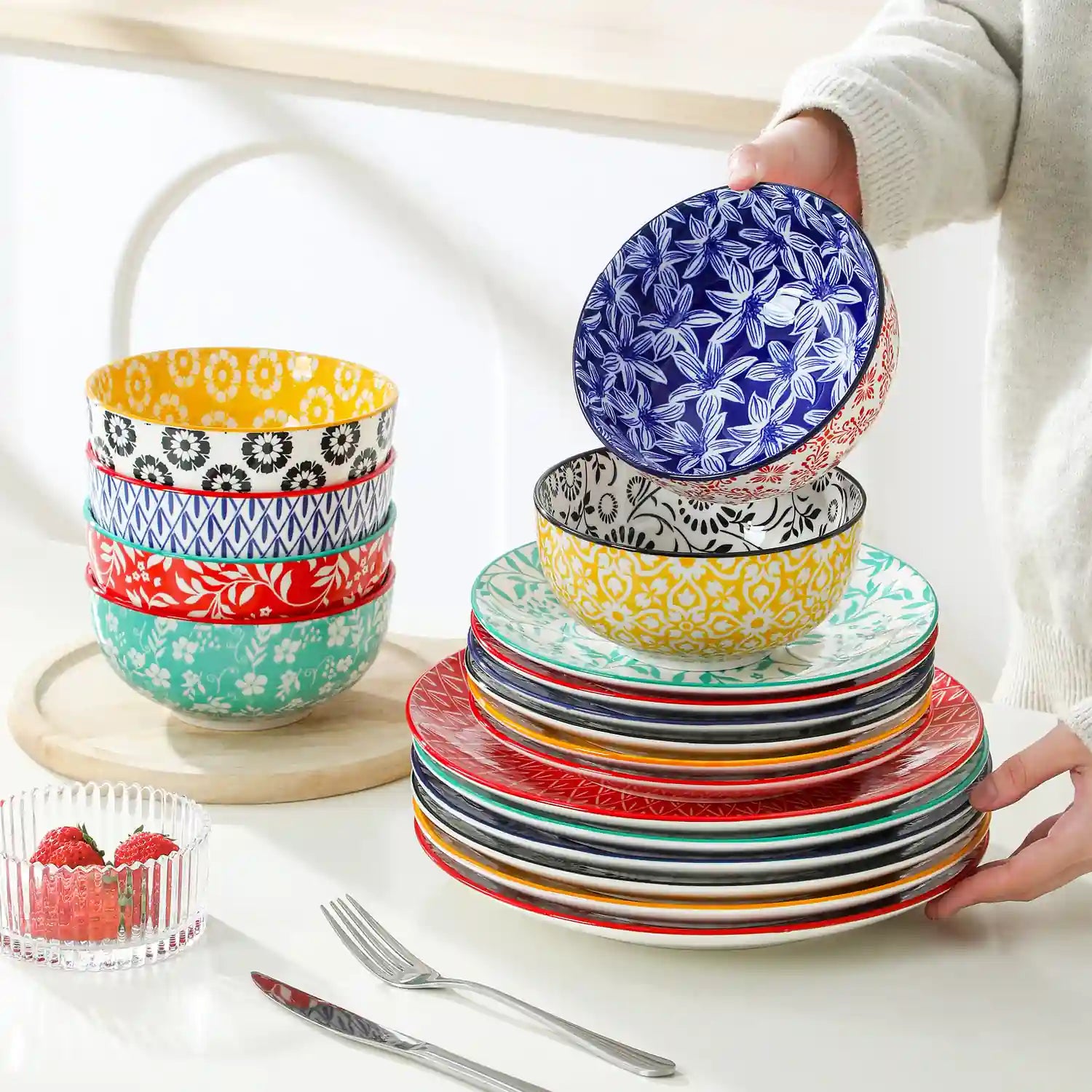 Selene porcelain vibrant dinnerware set colorful floral geometric plates bowls table setting with fork knife glass