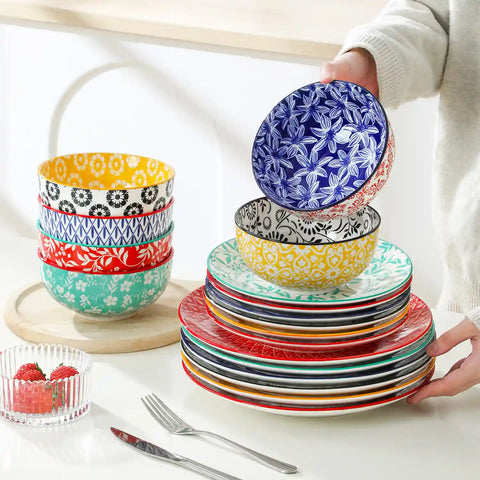 Selene porcelain vibrant dinnerware set colorful floral geometric plates bowls table setting with fork knife glass