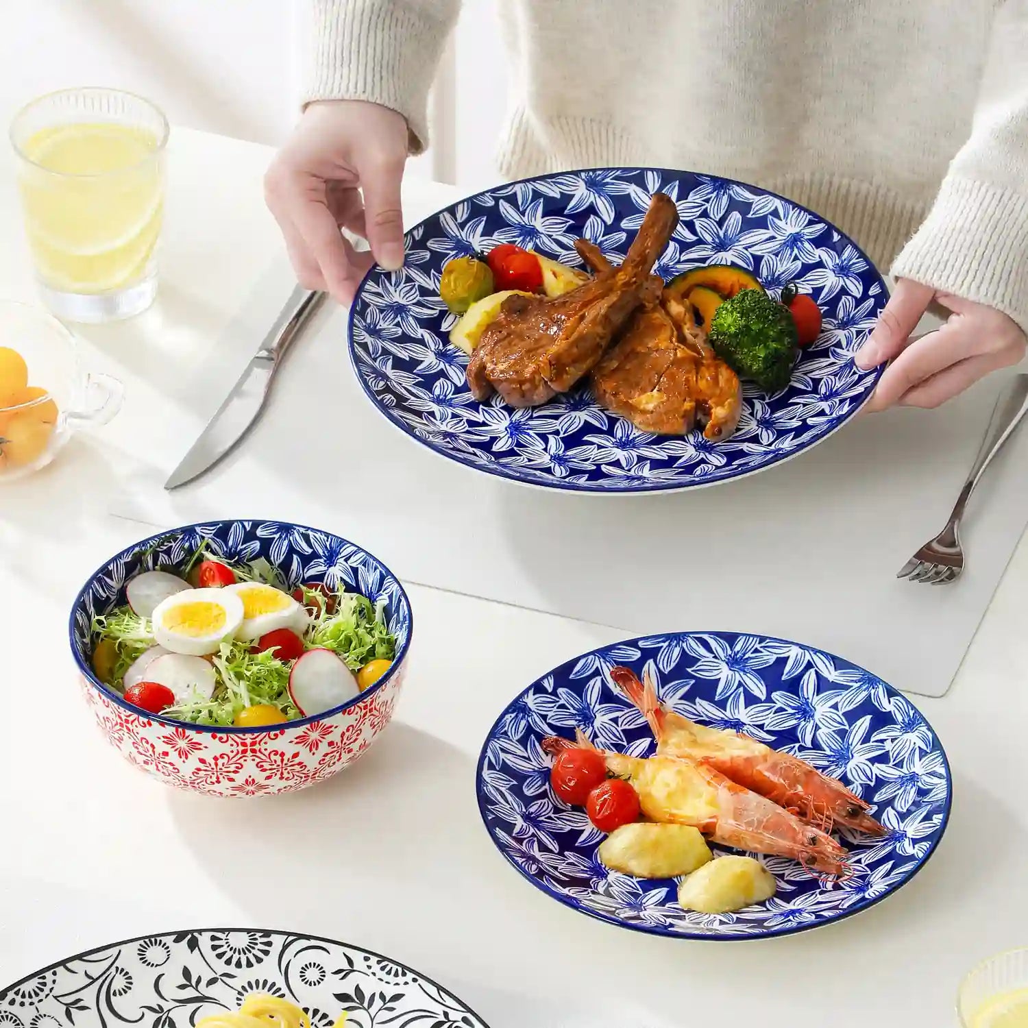 Selene porcelain vibrant dinnerware set colorful floral geometric plates bowls table setting with fork knife glass
