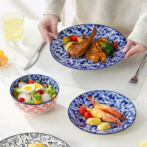 Selene porcelain vibrant dinnerware set colorful floral geometric plates bowls table setting with fork knife glass