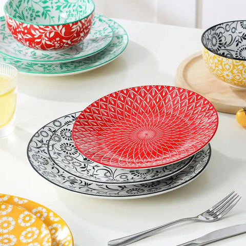 Selene porcelain vibrant dinnerware set colorful floral geometric plates bowls table setting with fork knife glass