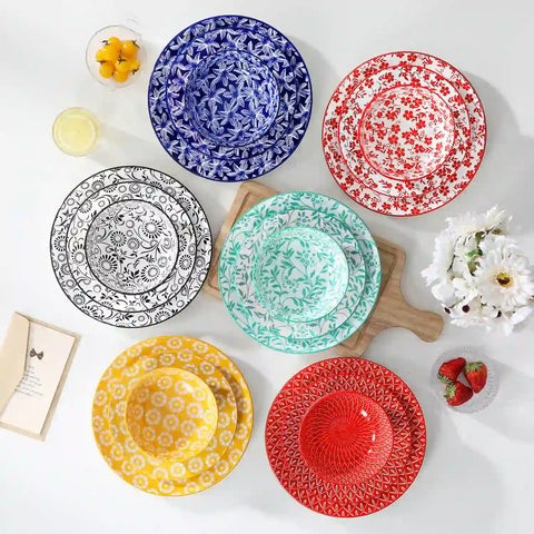 Selene porcelain vibrant dinnerware set colorful floral geometric plates bowls table setting with fork knife glass