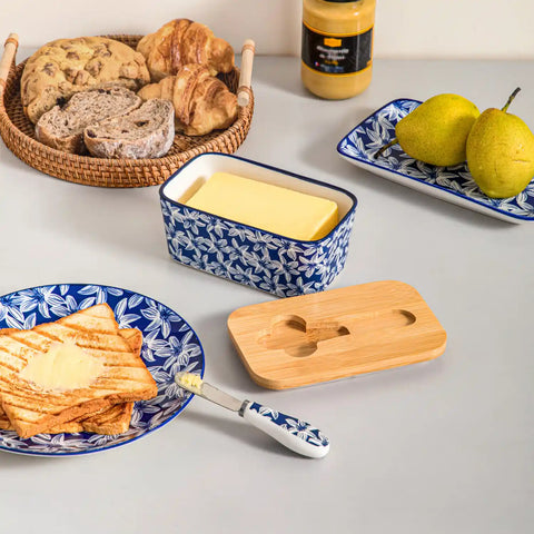 Selene porcelain butter dish Lily pattern with wood lid tabletop scene with bread and fruit