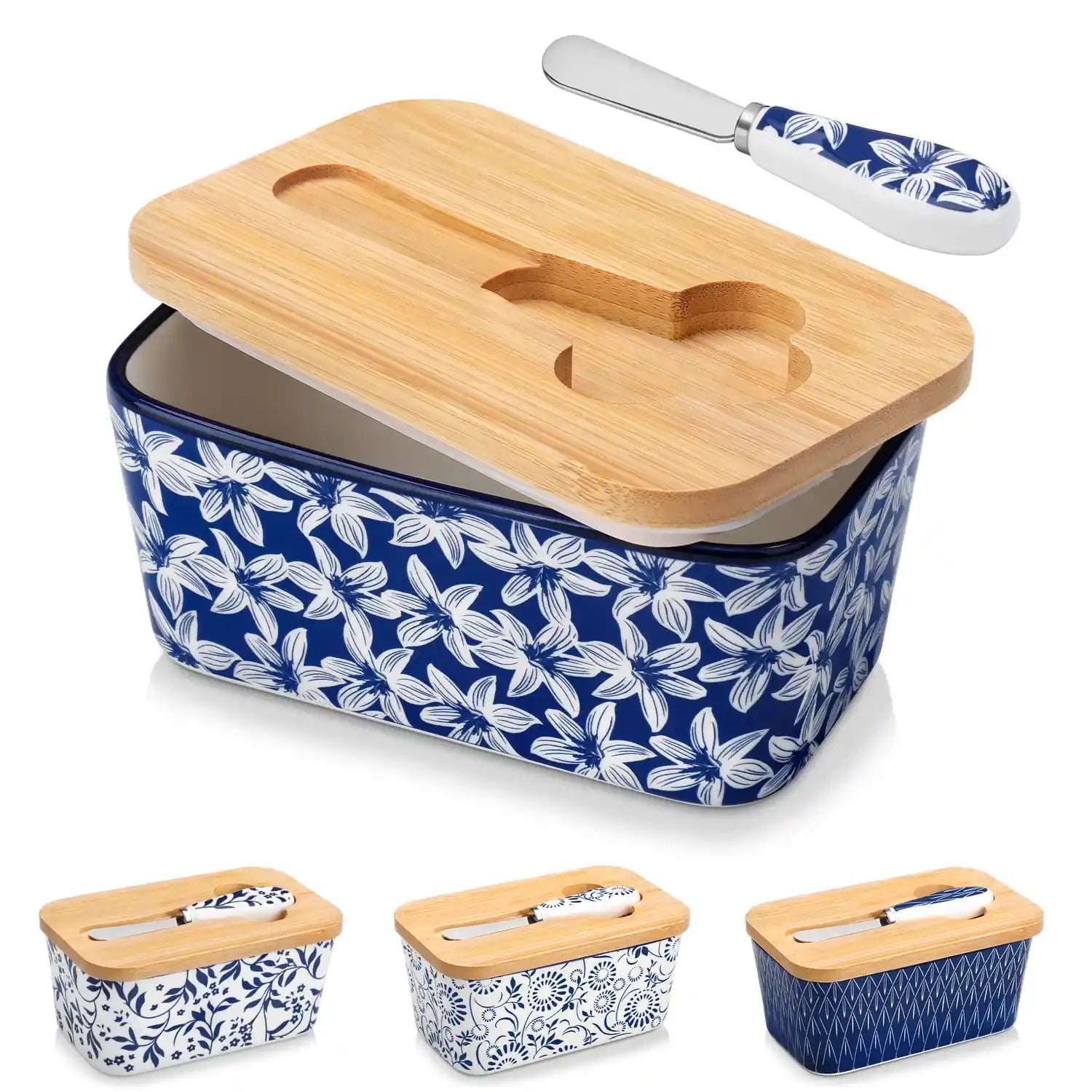 Selene porcelain butter dish Lily pattern with wood lid tabletop scene with bread and fruit