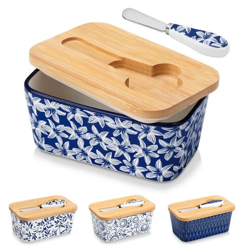 Selene porcelain butter dish Lily pattern with wood lid tabletop scene with bread and fruit