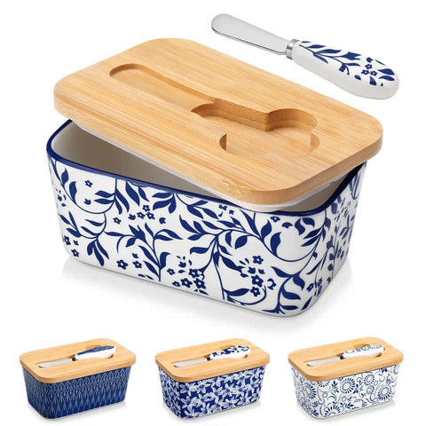 Selene porcelain butter dish Vine pattern with wood lid tabletop scene with bread and fruit