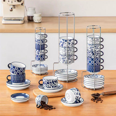 Stackable Selene 3oz blue and white indigo pattern porcelain espresso cups and saucers with a minimalist metal organizer