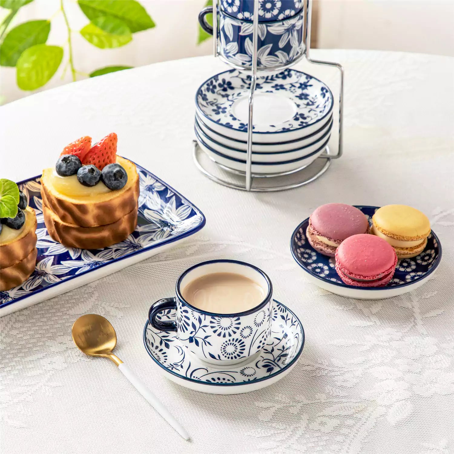 Vancasso Selene 6-delige Espresso Kop & Schotel Set 240ml - Vintage Blauw-Wit Porselein