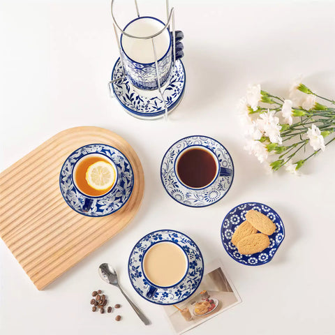 Stackable Selene 9oz blue and white indigo pattern porcelain espresso cups and saucers with a minimalist metal organizer