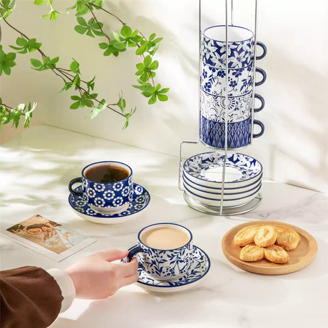 Stackable Selene 9oz blue and white indigo pattern porcelain espresso cups and saucers with a minimalist metal organizer