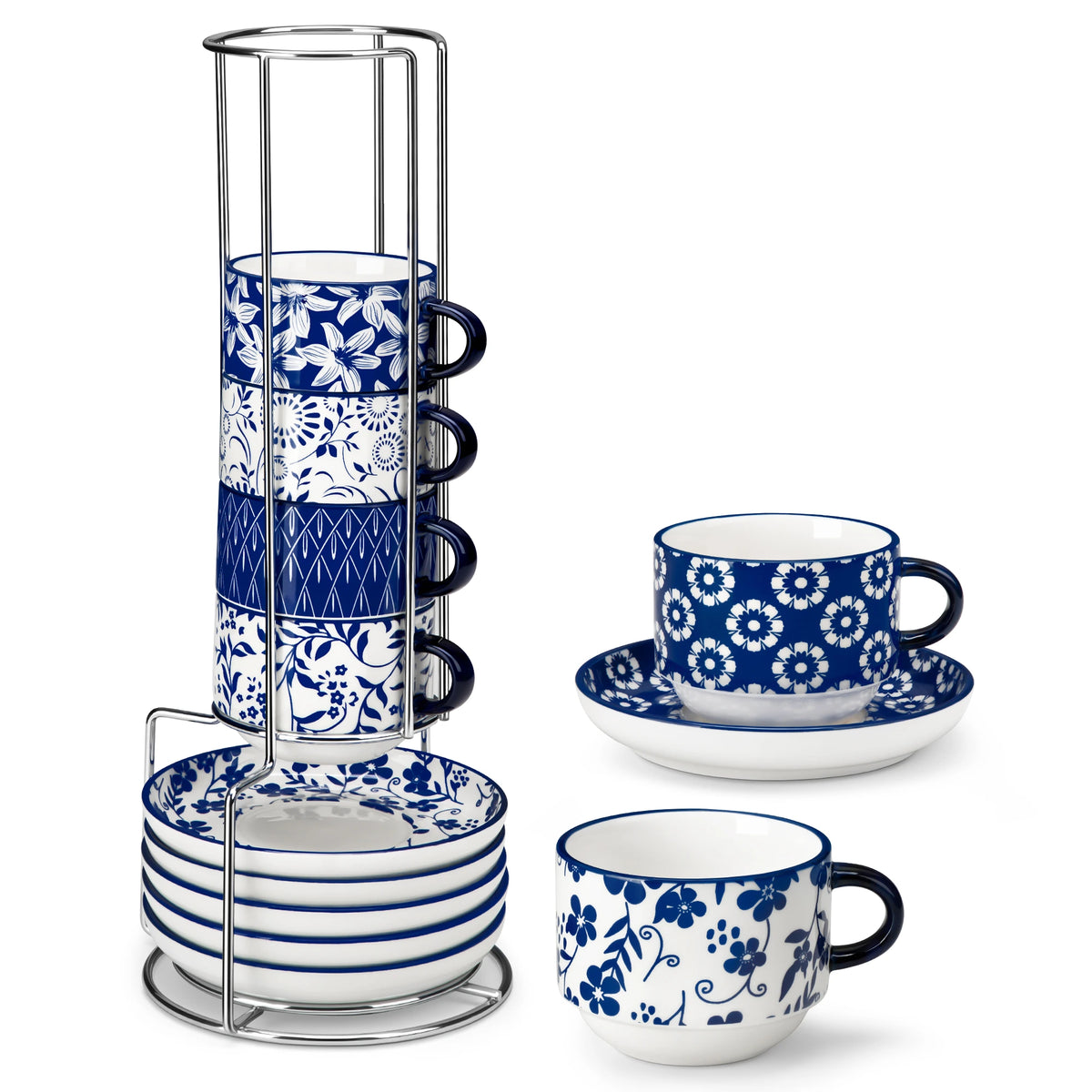 Stackable Selene 9oz blue and white indigo pattern porcelain espresso cups and saucers with a minimalist metal organizer