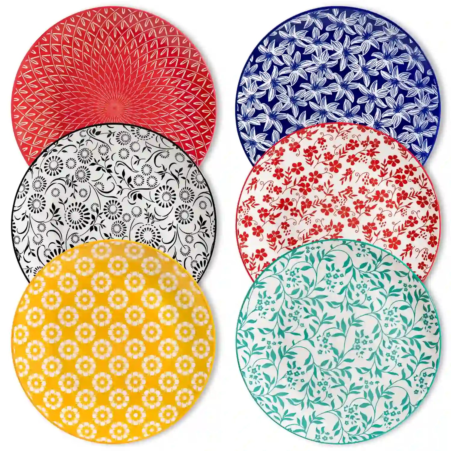 Selene porcelain vibrant dinner plates set of 6 colorful floral geometric flat lay on wood table