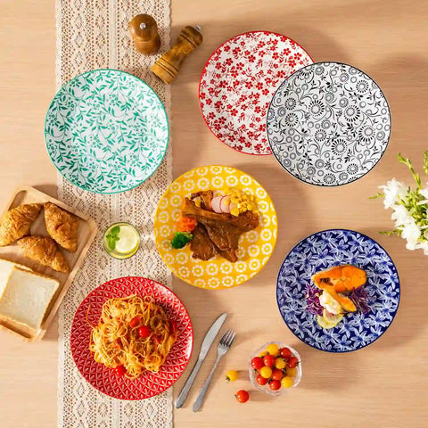 Selene porcelain vibrant dinner plates set of 6 colorful floral geometric flat lay on wood table