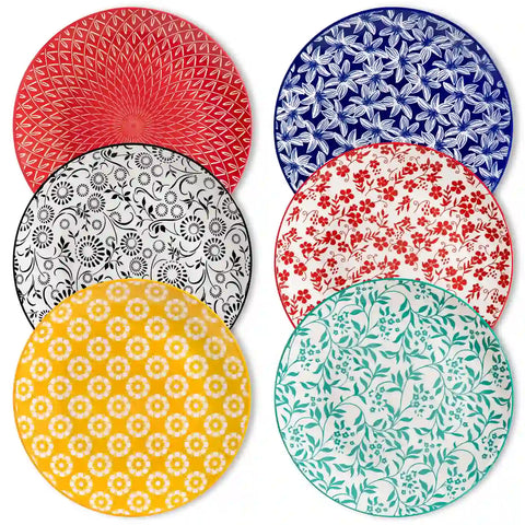 Selene porcelain vibrant dinner plates set of 6 colorful floral geometric flat lay on wood table