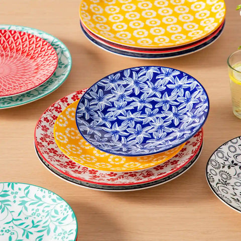 Selene porcelain vibrant dinner plates set of 6 colorful floral geometric flat lay on wood table
