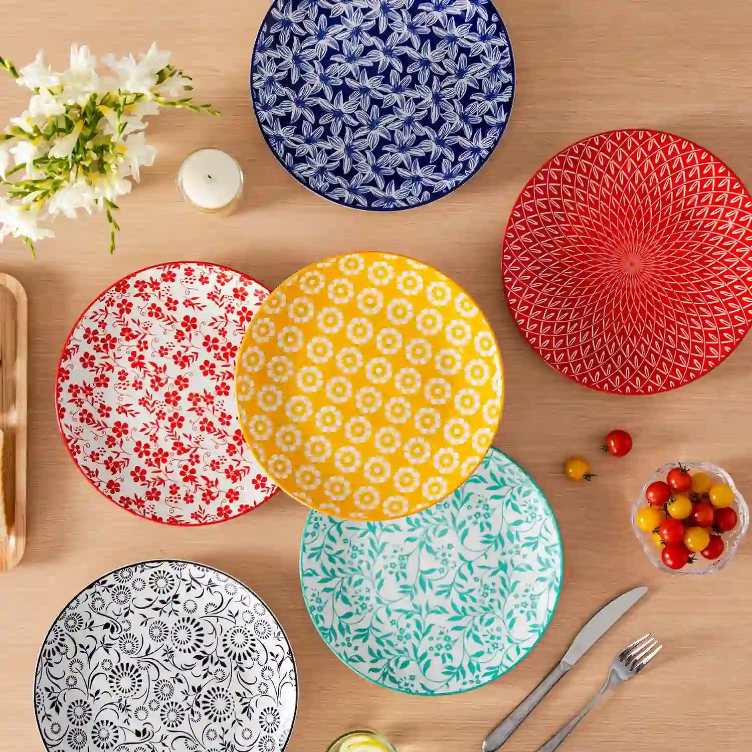 Selene porcelain vibrant dinner plates set of 6 colorful floral geometric flat lay on wood table