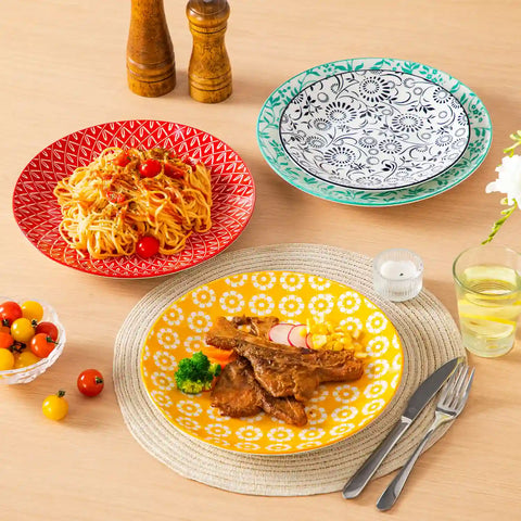 Selene porcelain vibrant dinner plates set of 6 colorful floral geometric flat lay on wood table
