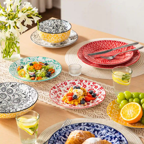 Selene porcelain vibrant dinner plates set of 6 colorful floral geometric flat lay on wood table