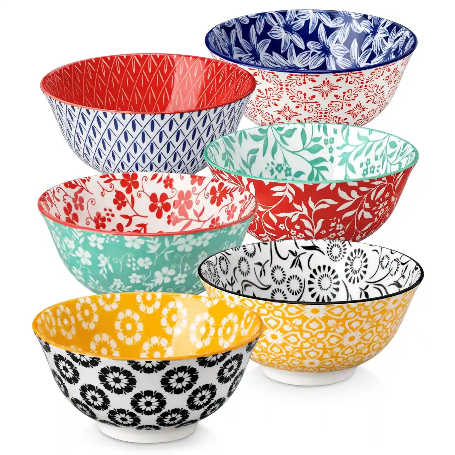 Selene porcelain vibrant 24oz cereal bowls set of 6 colorful floral geometric lifestyle serving scene