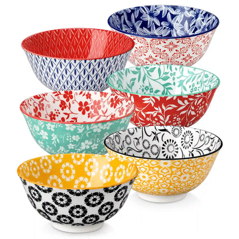 Selene porcelain vibrant 24oz cereal bowls set of 6 colorful floral geometric lifestyle serving scene