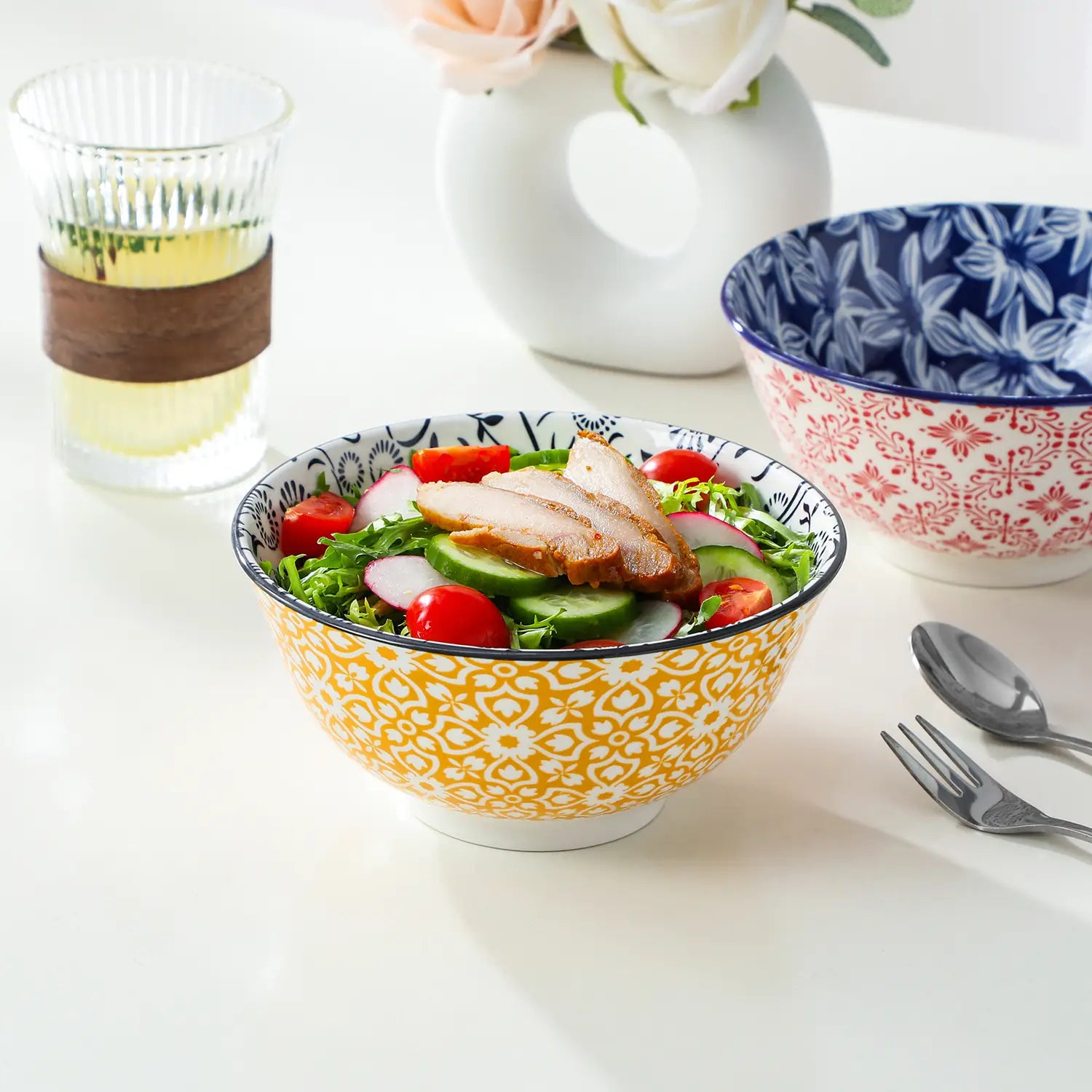 Selene porcelain vibrant 24oz cereal bowls set of 6 colorful floral geometric lifestyle serving scene